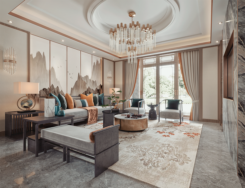 南寧楓林藍(lán)岸220㎡客廳新中式裝修風(fēng)格案例效果圖