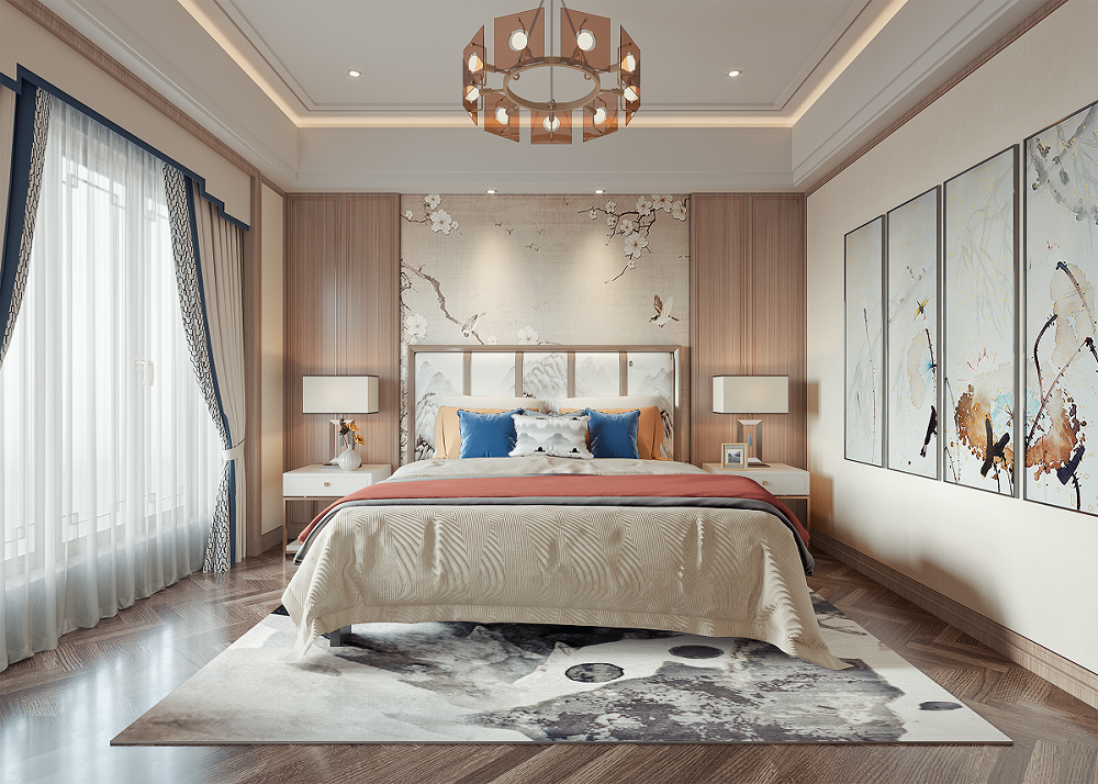 南寧楓林藍(lán)岸220㎡次臥新中式裝修風(fēng)格案例效果圖