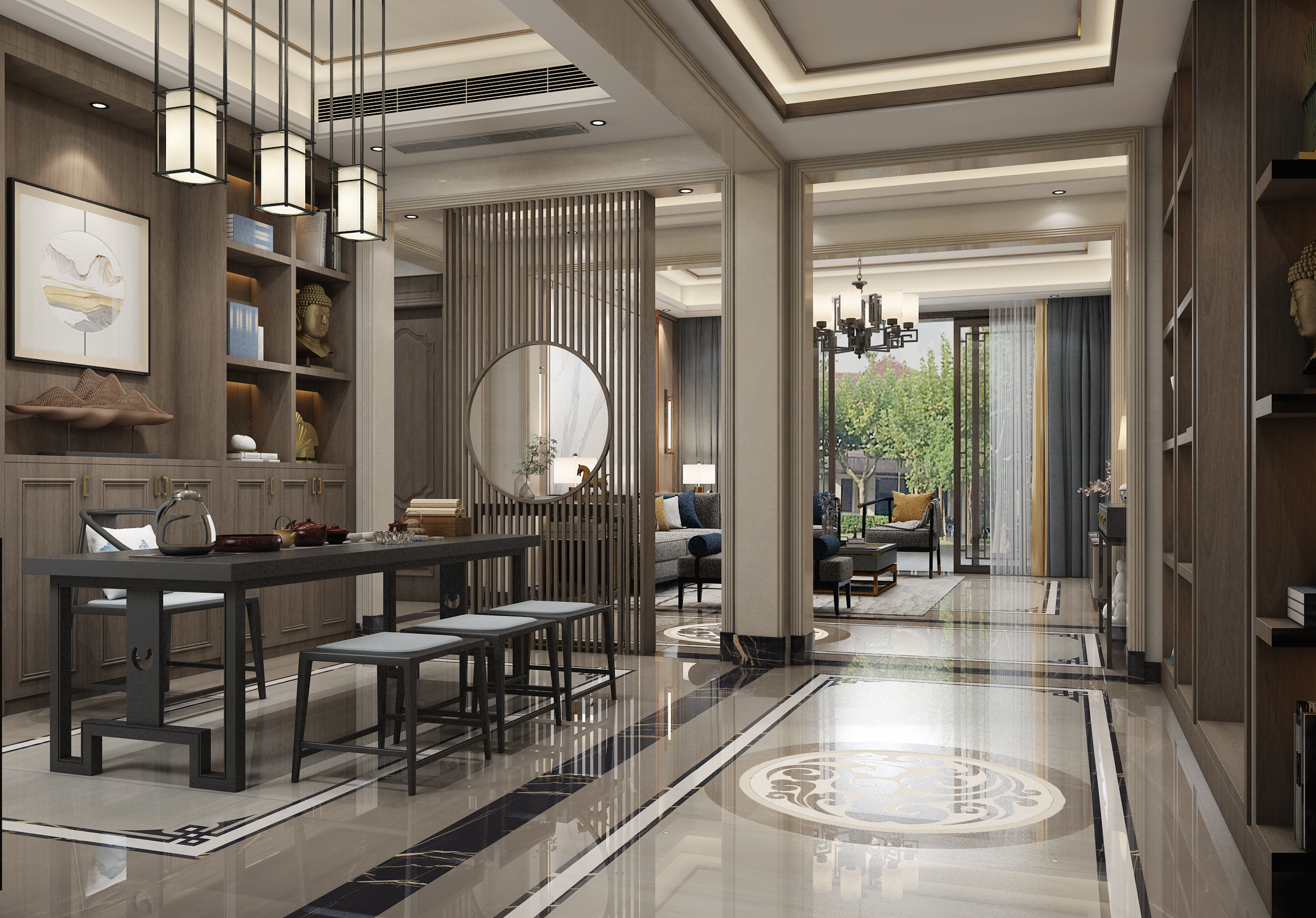 南寧九曲灣300㎡茶室中式裝修案例效果圖