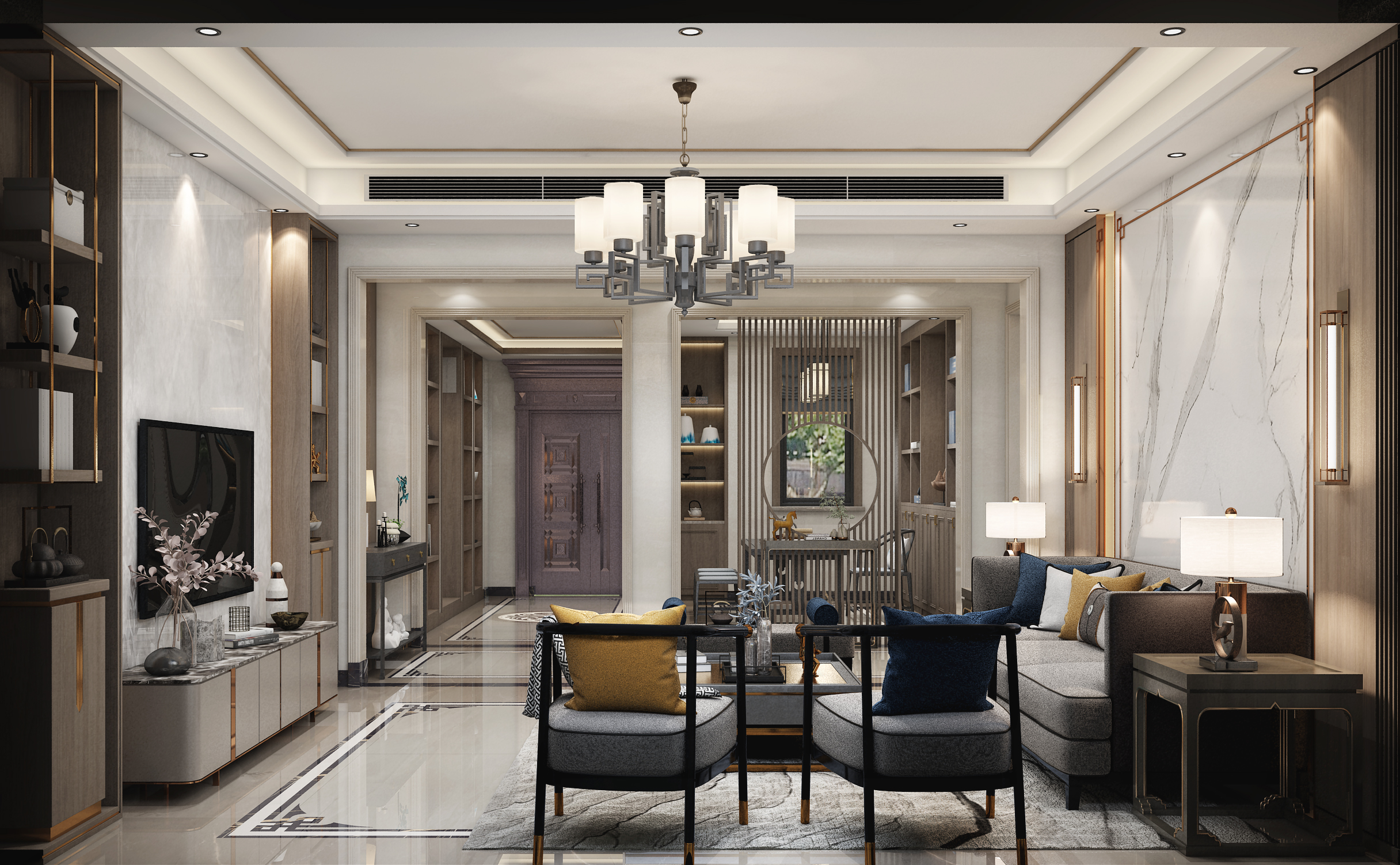 南寧九曲灣300㎡客廳中式裝修案例效果圖