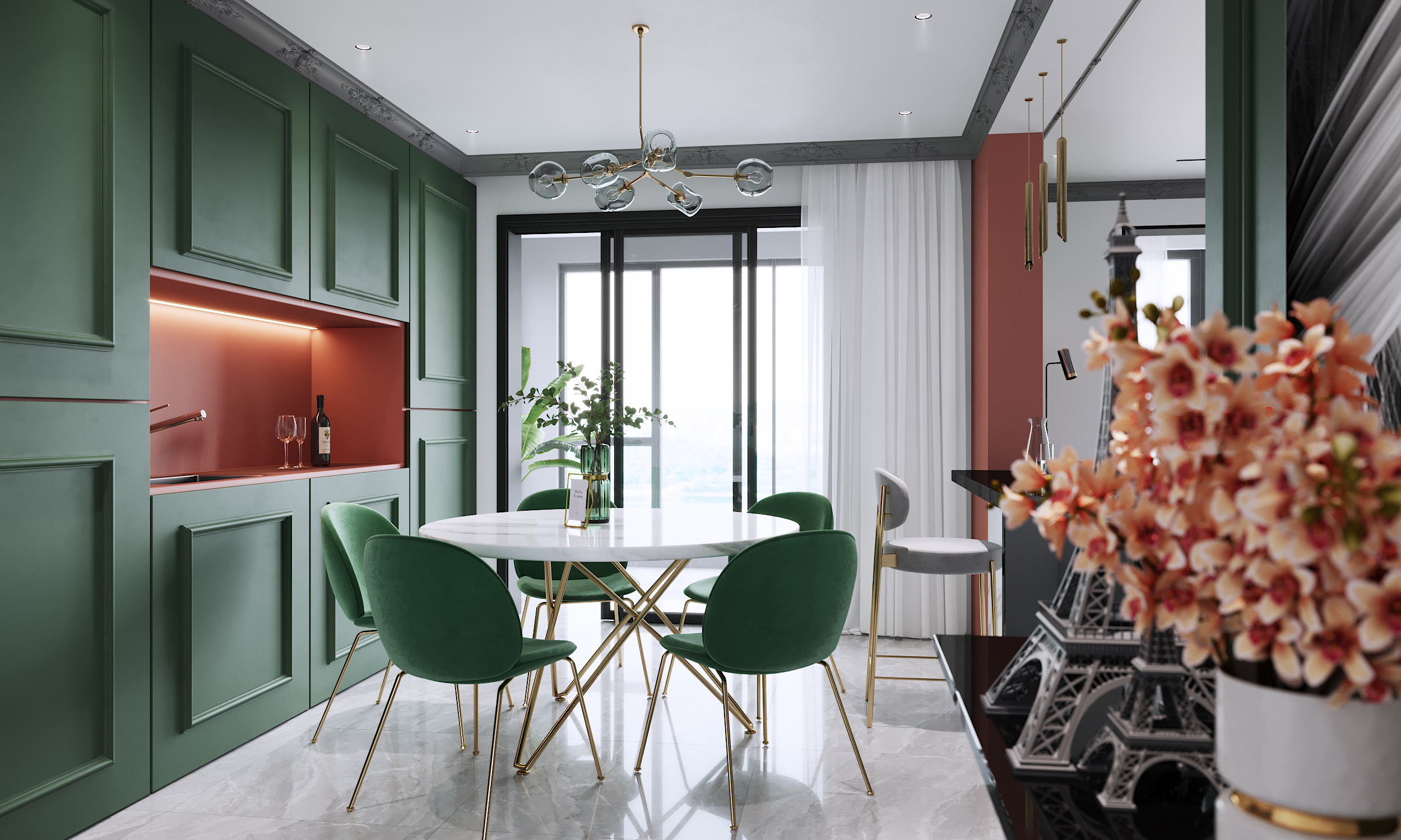 美泉1612樓盤150㎡餐廳美式輕奢裝修風格案例效果圖