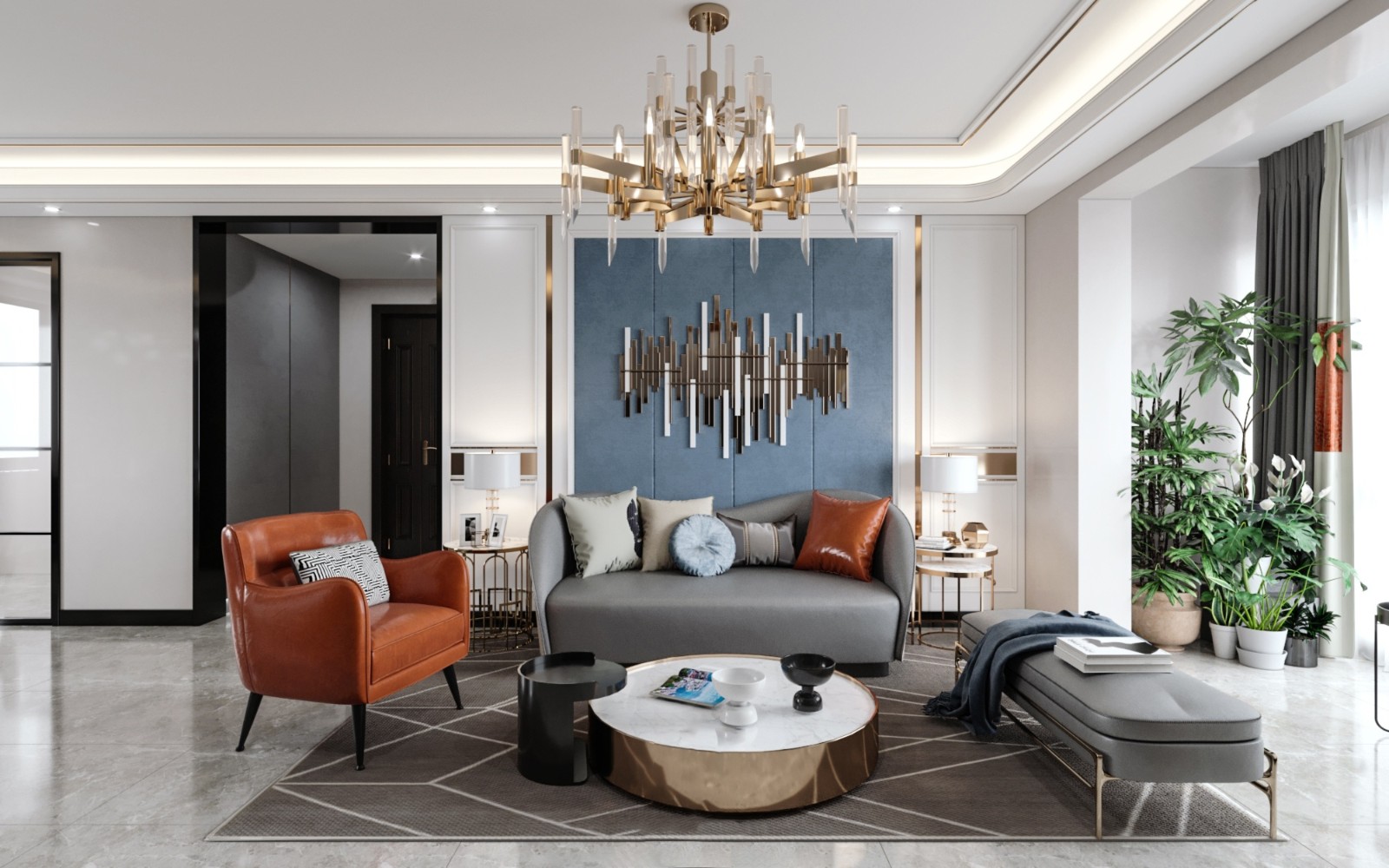 南寧翡翠時(shí)光150㎡客廳現(xiàn)代輕奢裝修風(fēng)格案例效果圖