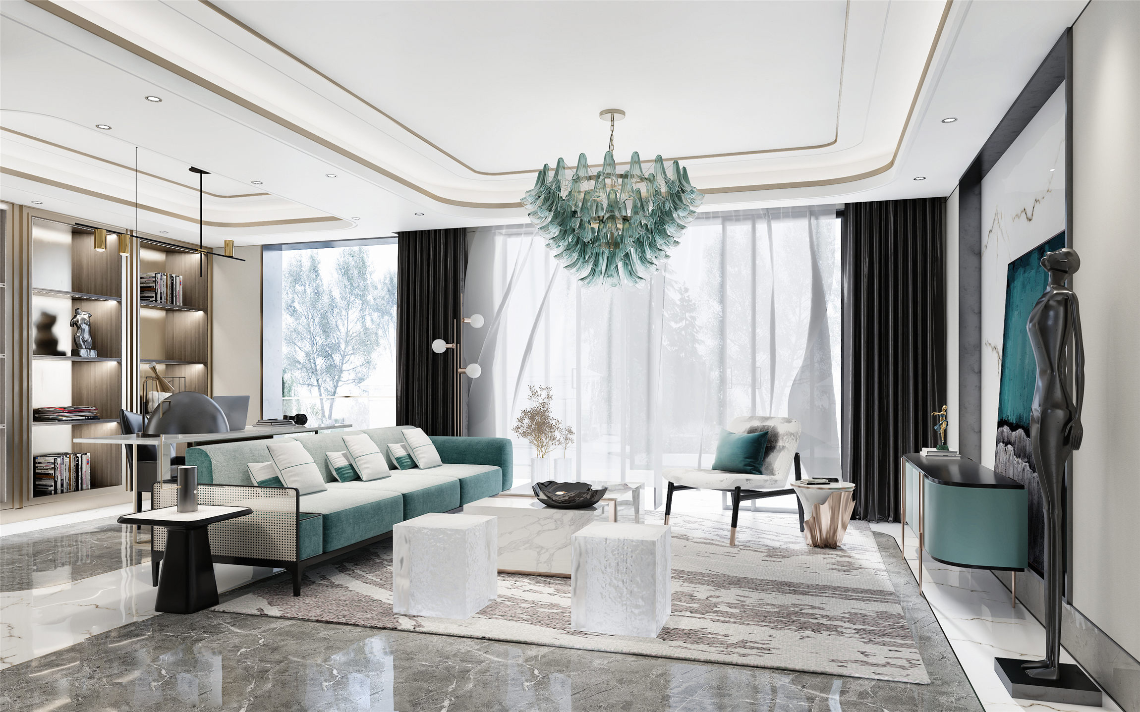 南寧春江明月169㎡客廳現(xiàn)代輕奢裝修風(fēng)格效果圖