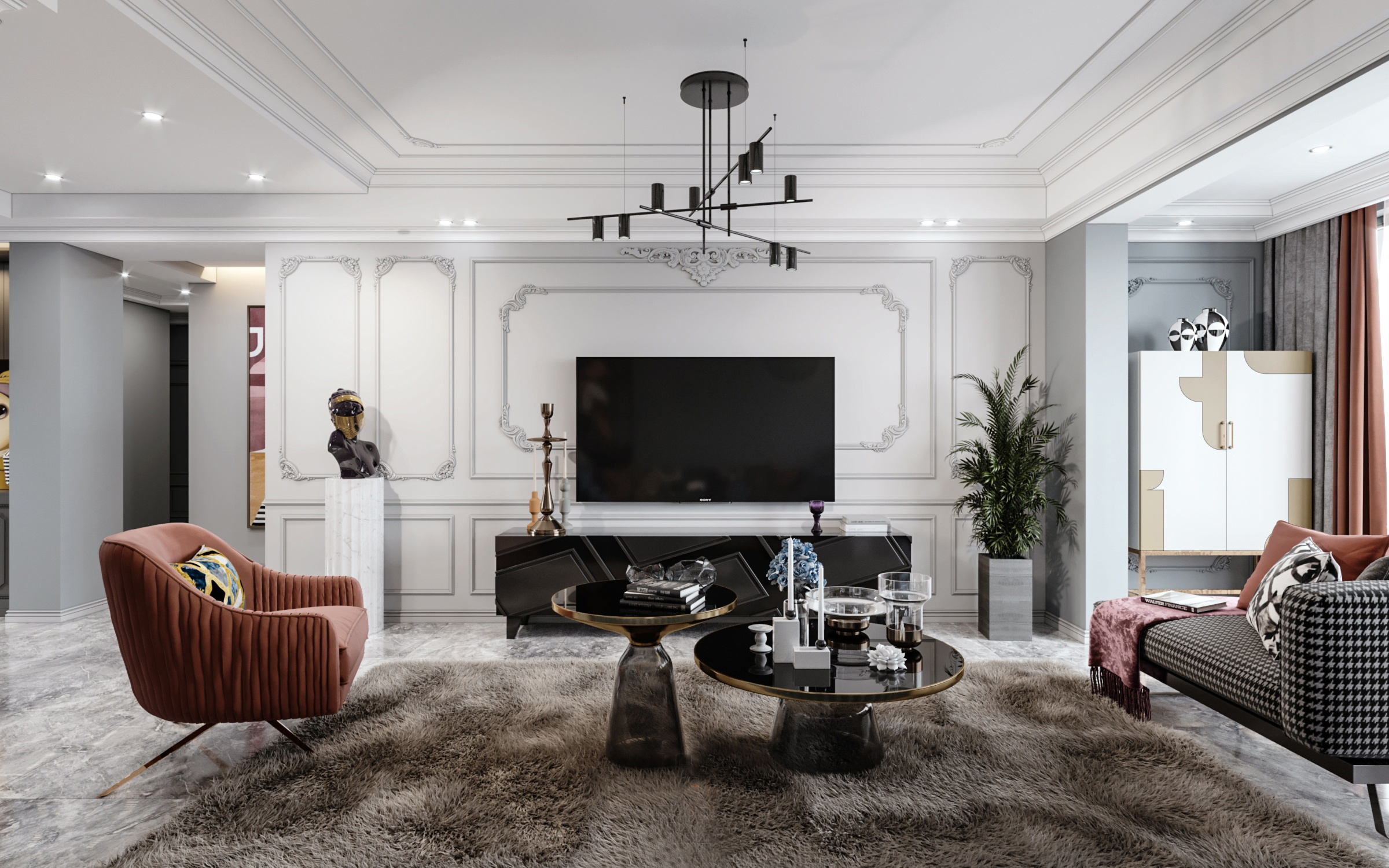 南寧嘉和城溫莎堡160㎡客廳美式輕奢裝修風格案例效果圖