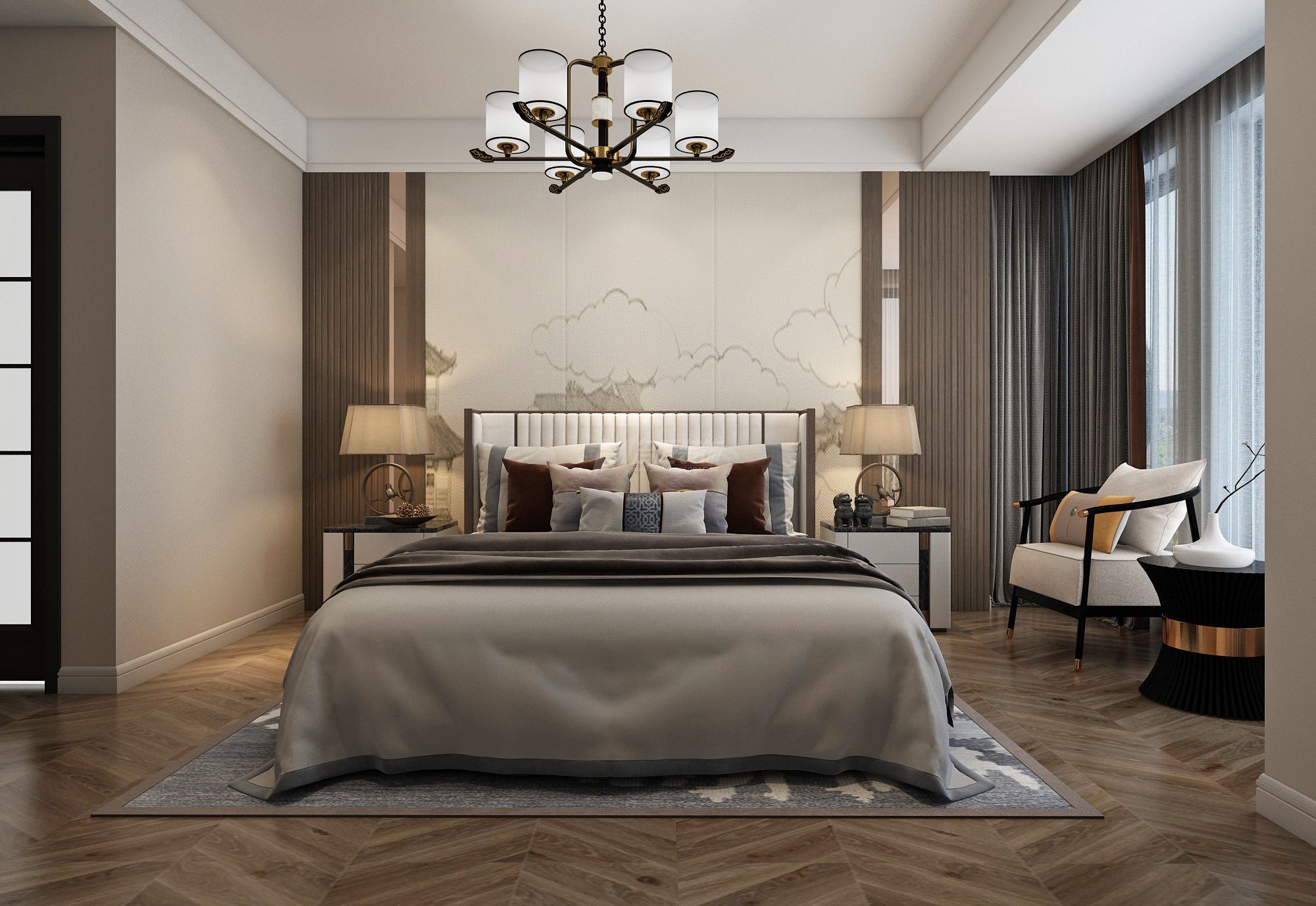 南寧綠城春江明月200㎡長輩房現(xiàn)代輕奢裝修風(fēng)格效果圖