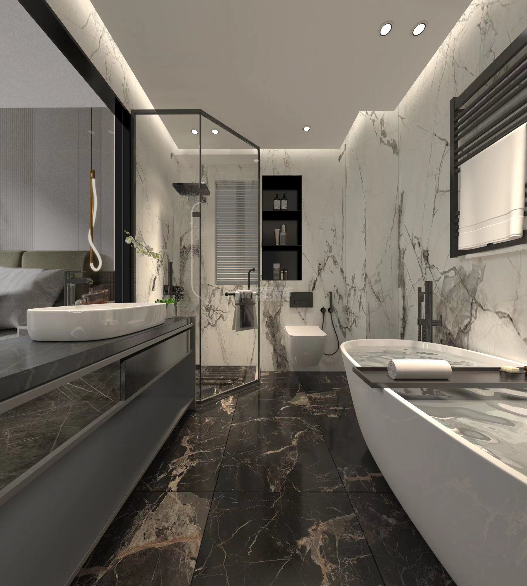 南寧綠城春江明月200㎡主衛(wèi)現(xiàn)代輕奢裝修風(fēng)格效果圖