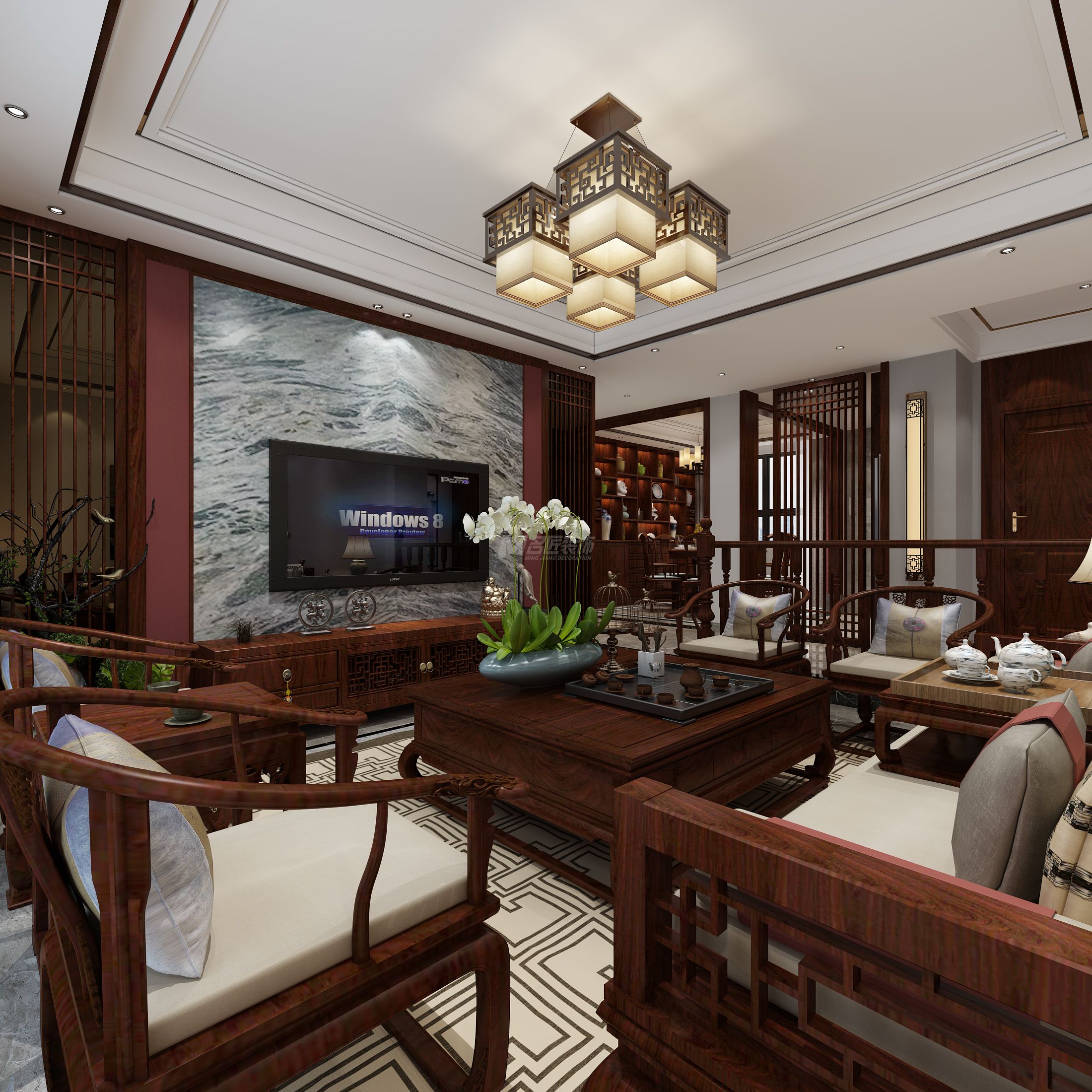 海茵國(guó)際亞美利加190㎡客廳中式裝修風(fēng)格效果圖