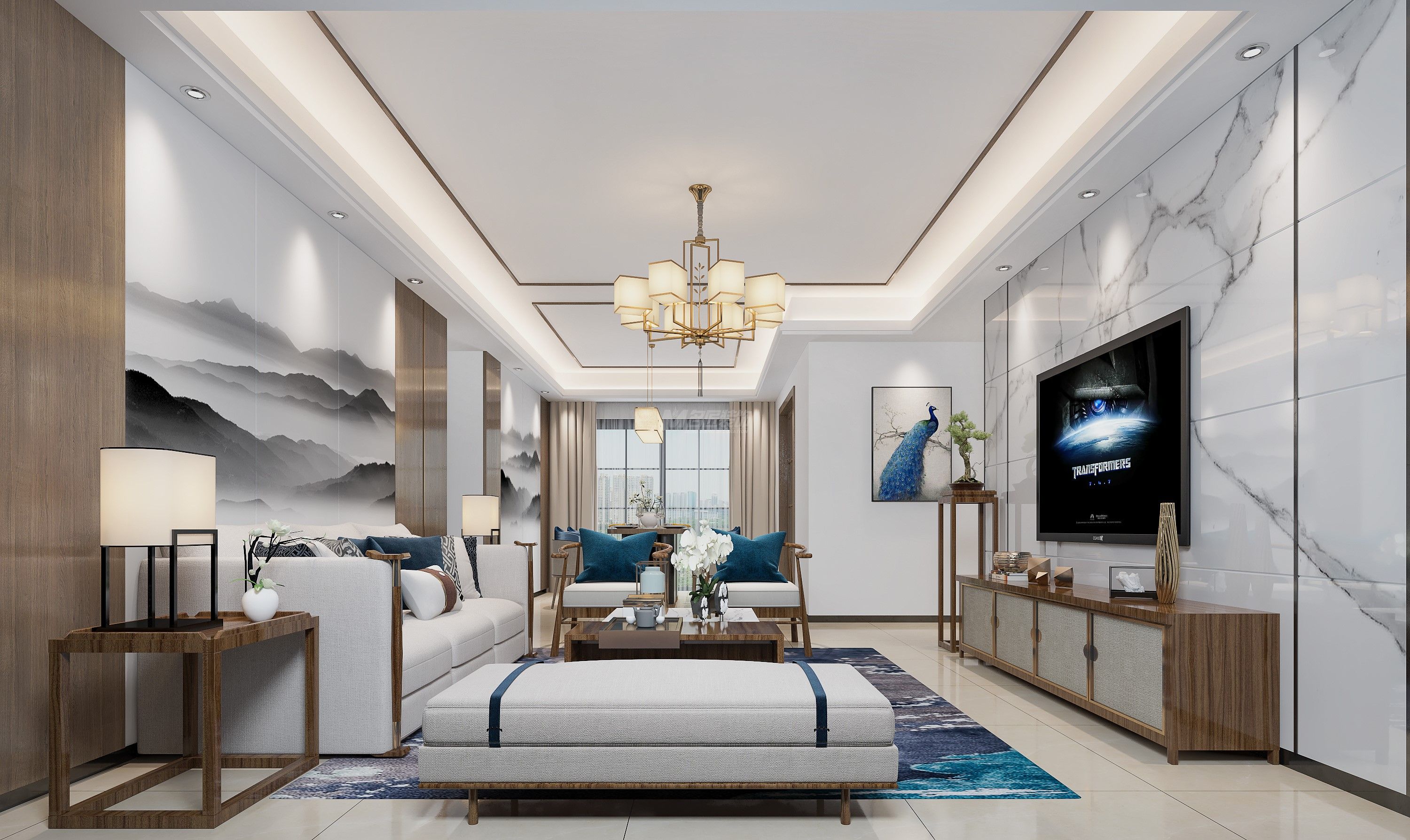 龍光玖瓏府180㎡客廳新中式裝修風(fēng)格效果圖