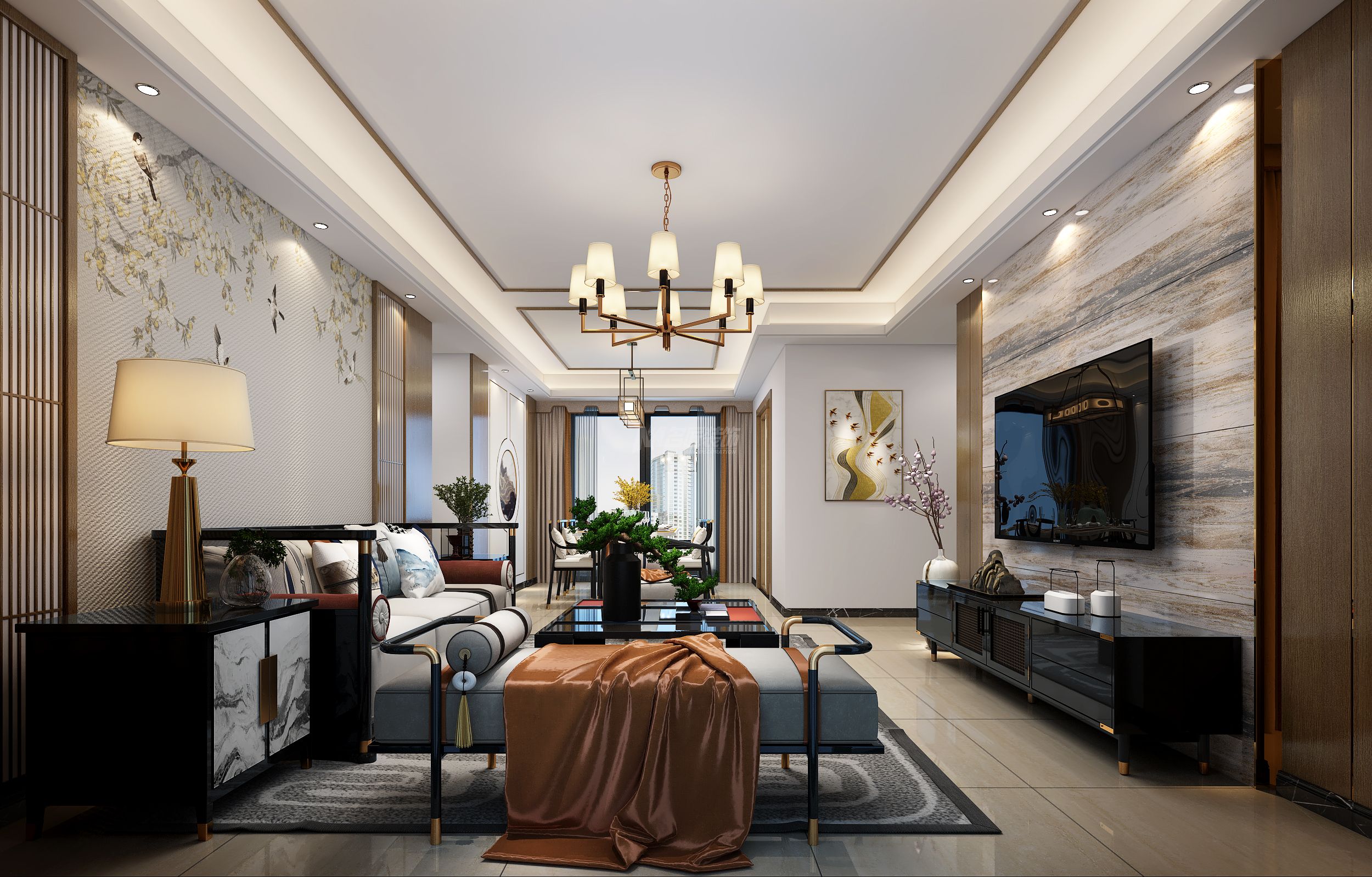 龍光玖瓏府160㎡客廳新中式輕奢裝修風(fēng)格效果圖