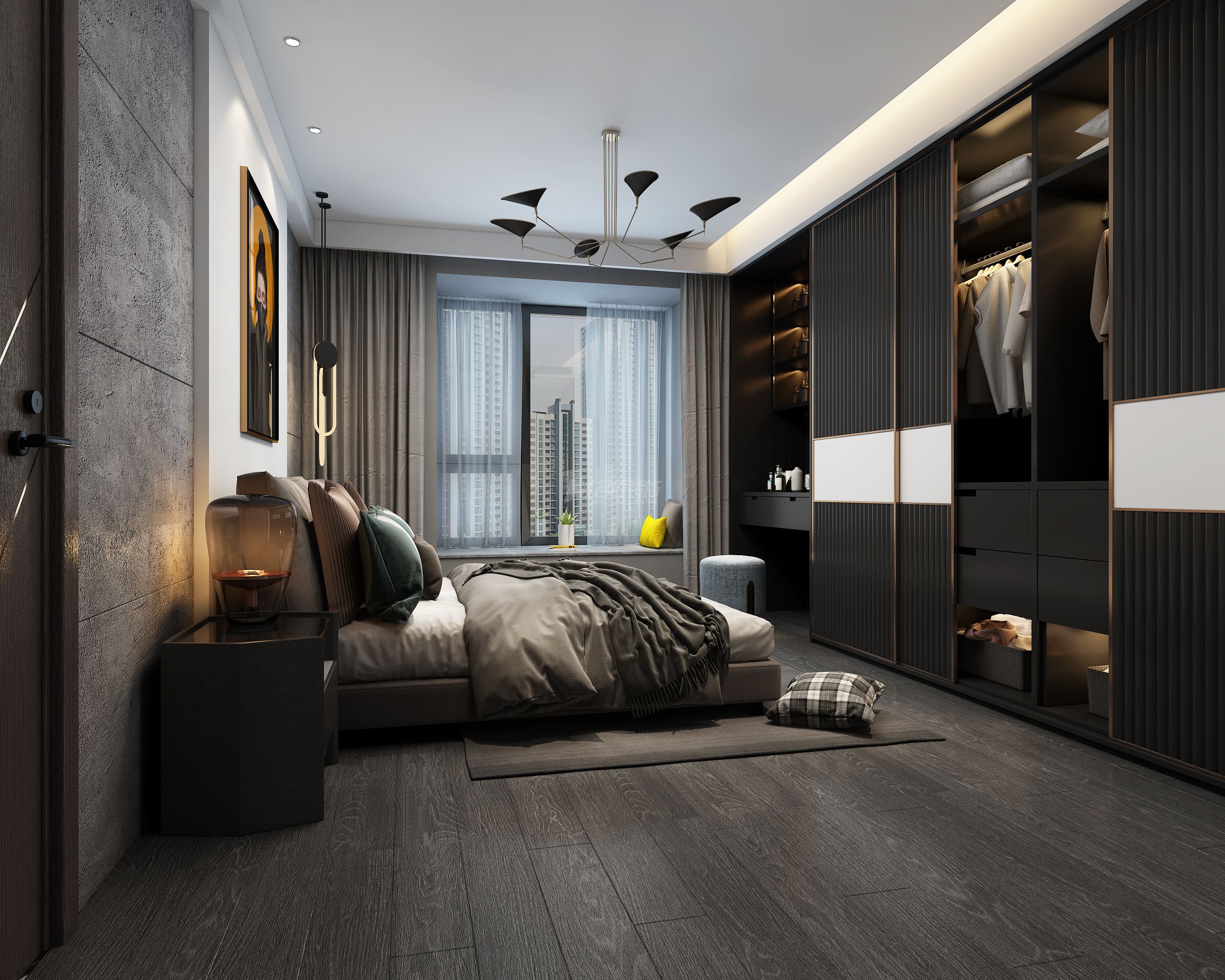 江山麗園160㎡主臥現代灰色極簡裝修風格效果圖