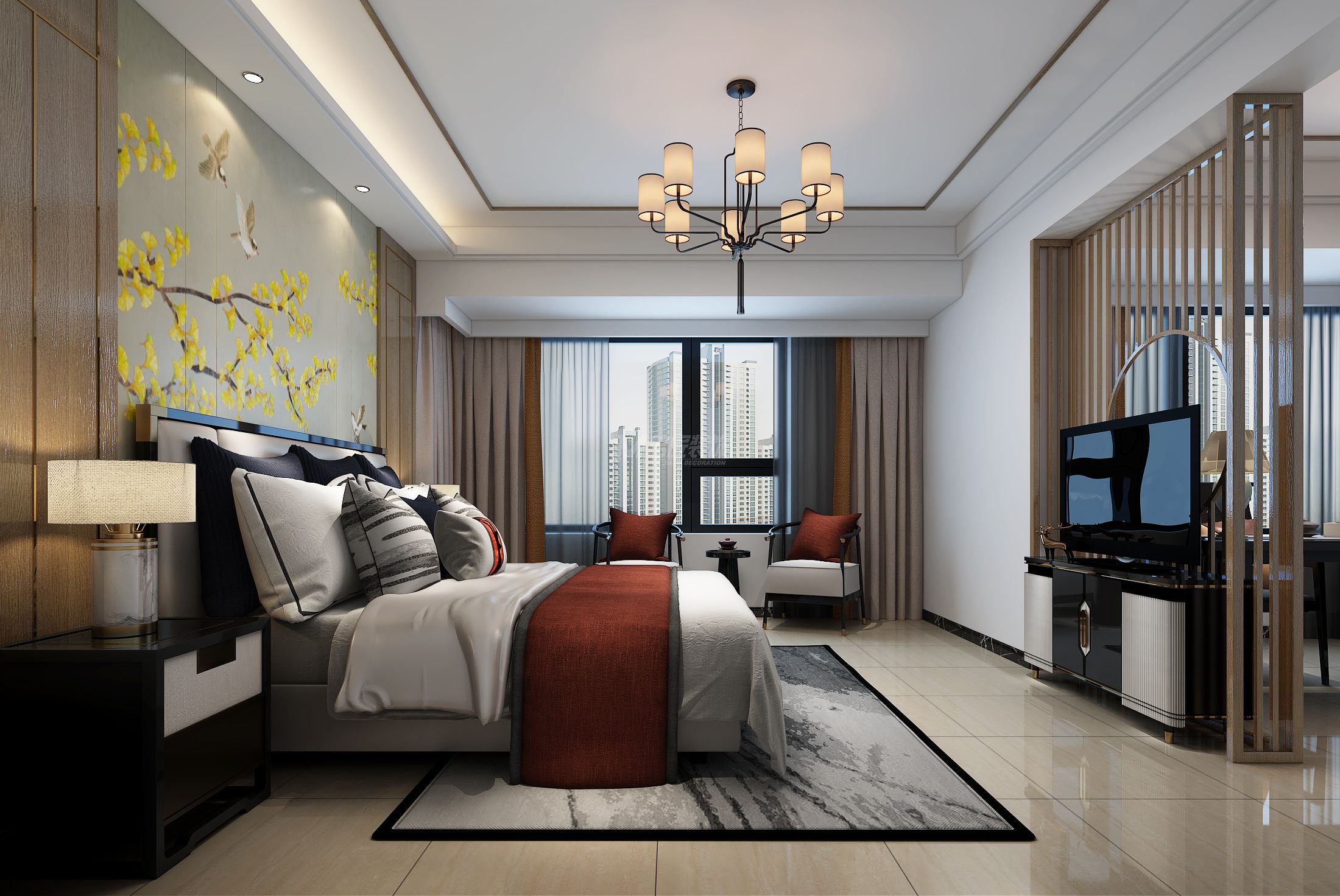 龍光玖瓏府160㎡主臥新中式輕奢裝修風(fēng)格效果圖