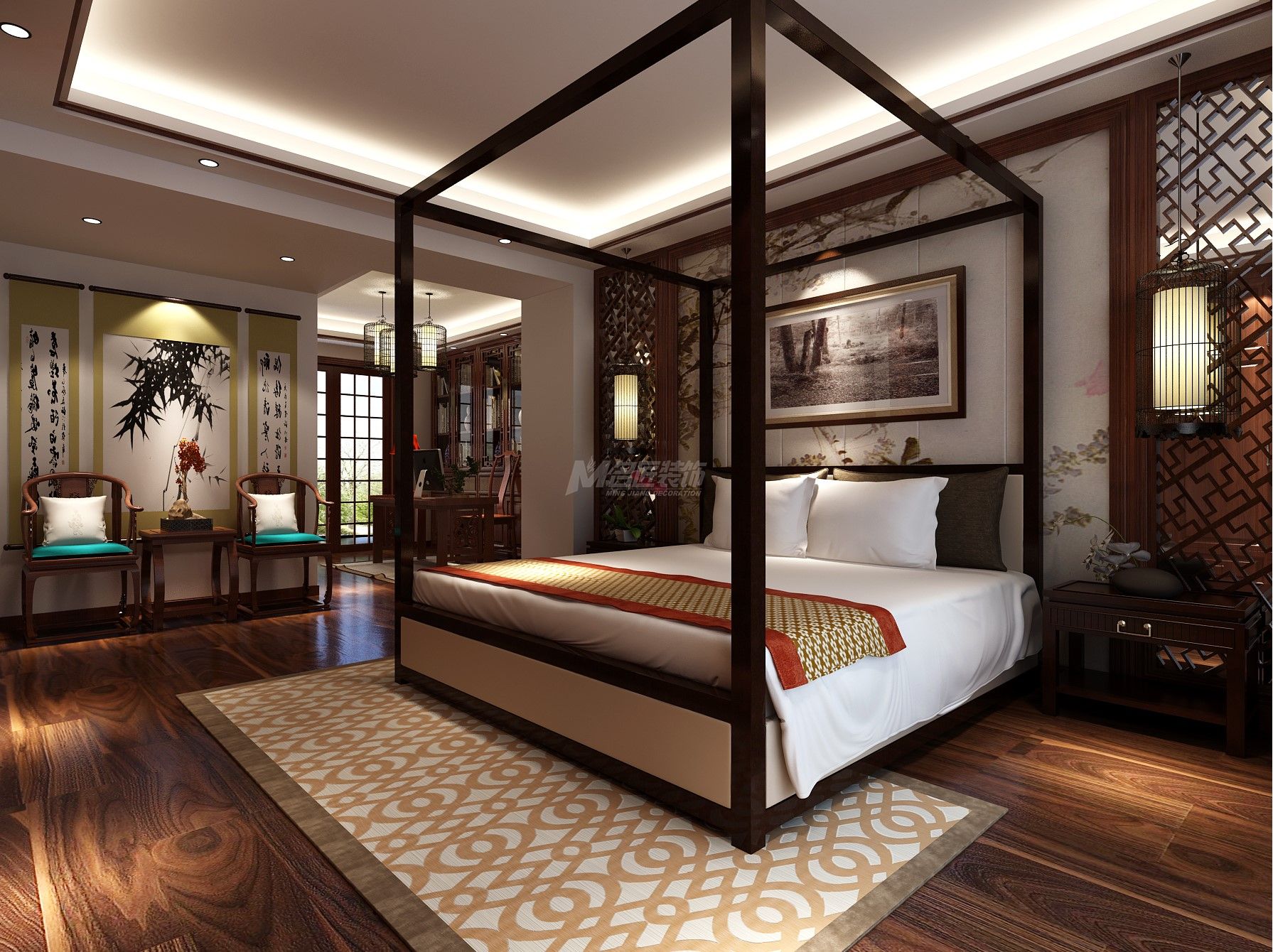 海茵國(guó)際亞美利加190㎡主臥中式裝修風(fēng)格效果圖