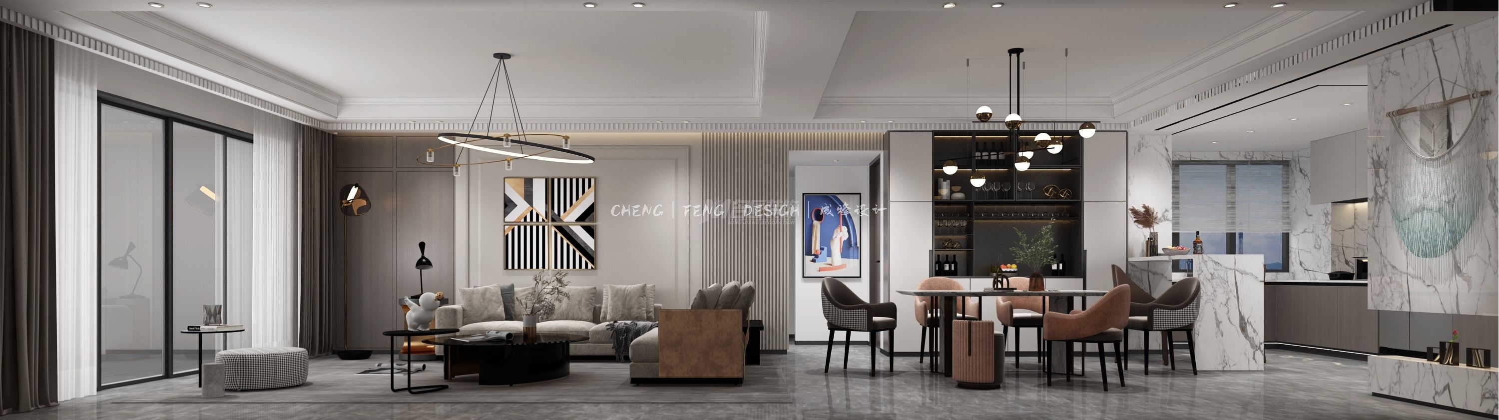 佛山海晟苑180㎡客餐廳全景現(xiàn)代輕奢裝修風(fēng)格效果圖