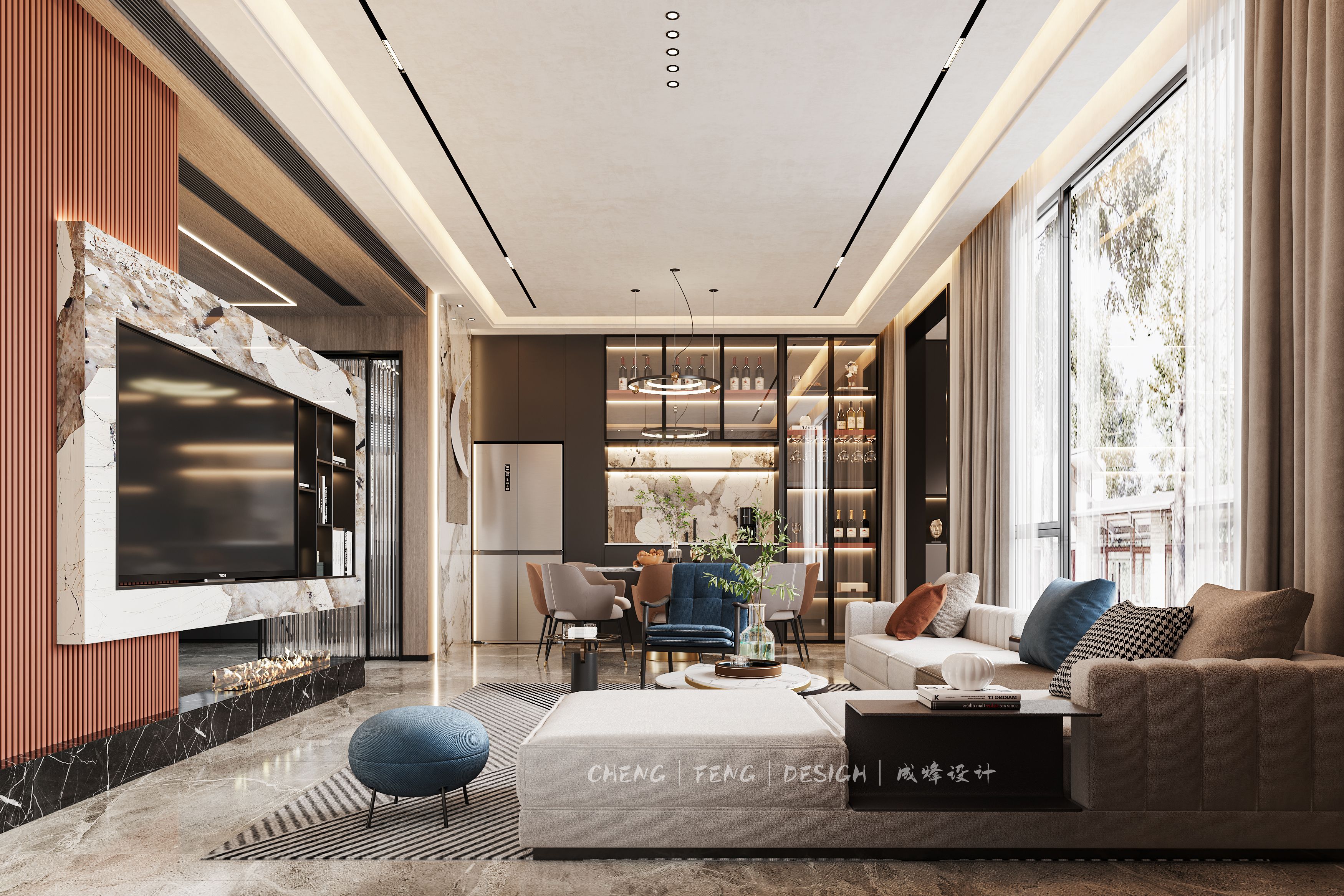 龍光天曜400㎡客餐廳現(xiàn)代輕奢裝修風(fēng)格效果圖