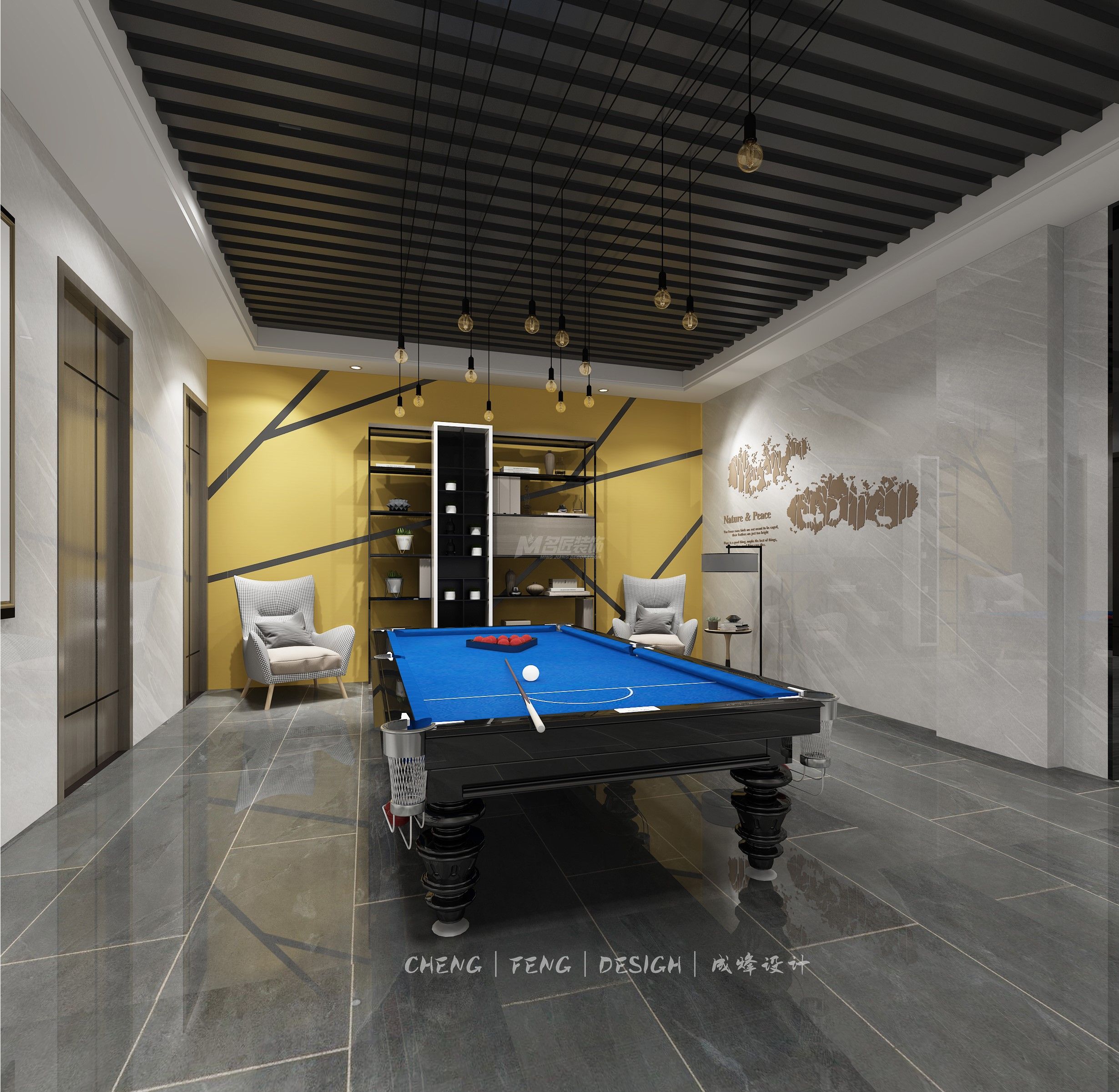 嘉興寶石公館500㎡臺(tái)球室現(xiàn)代輕奢裝修風(fēng)格效果圖